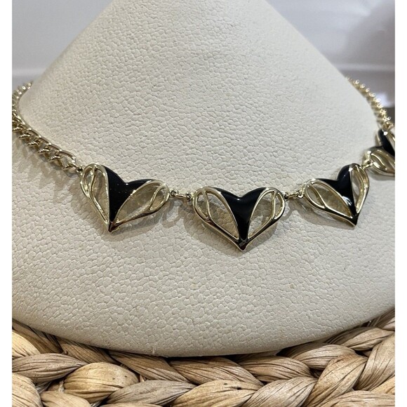 VTG Chunky Black & Gold Tone Heart Choker Necklace 16" WhimsiGoth Dark Fairy - Picture 2 of 6